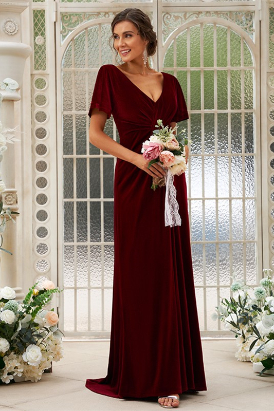 Velvet Short Sleeves Long Bridesmaid Dress