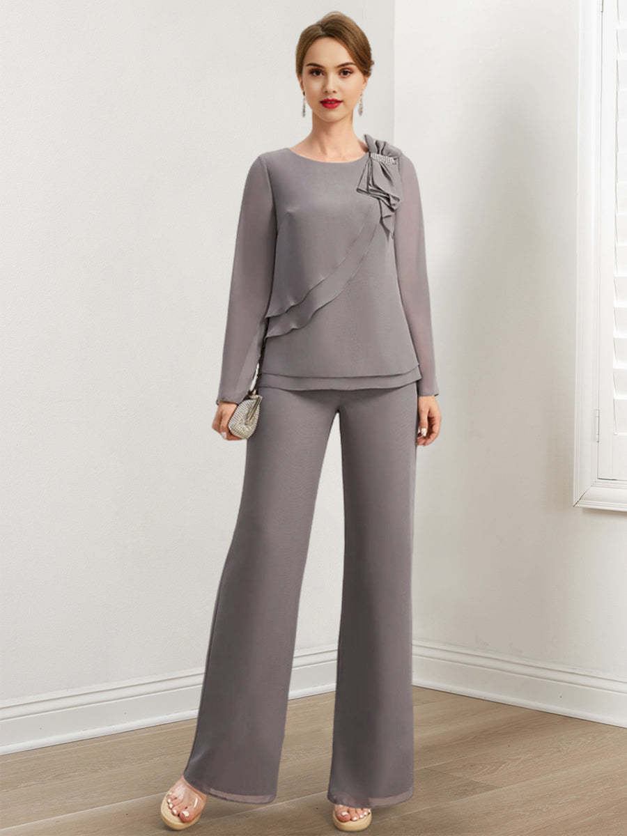 Beaded and Ruffled Chiffon Pantsuits for the Mother of the Bride