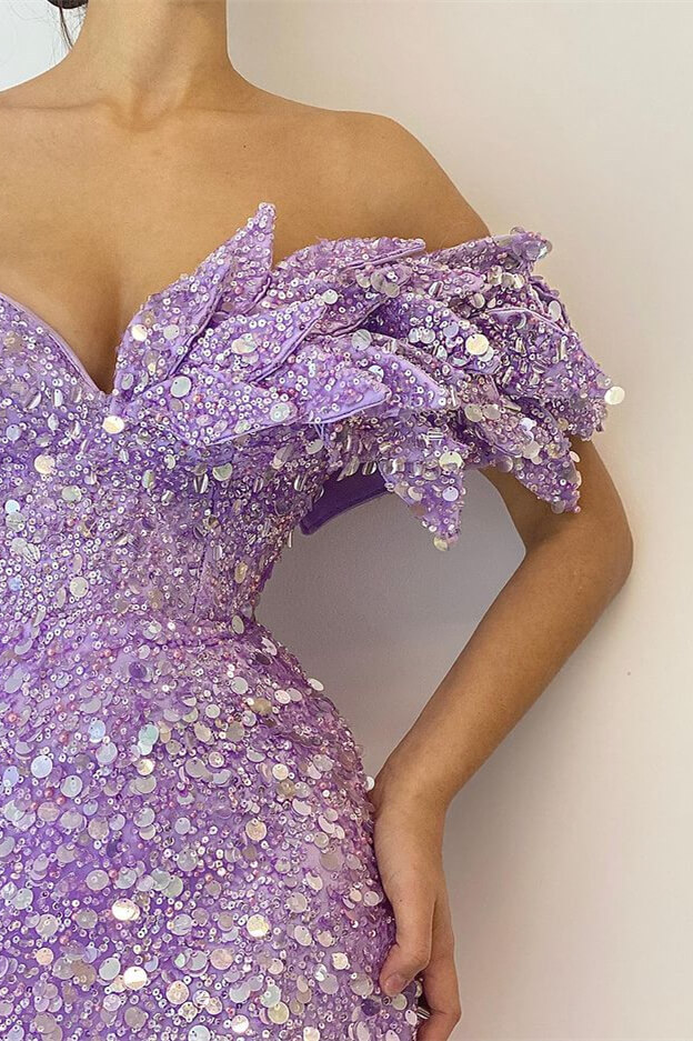 Pretty Lilac Sequins Off the Shoulder Mermaid Formal Dress With Split
