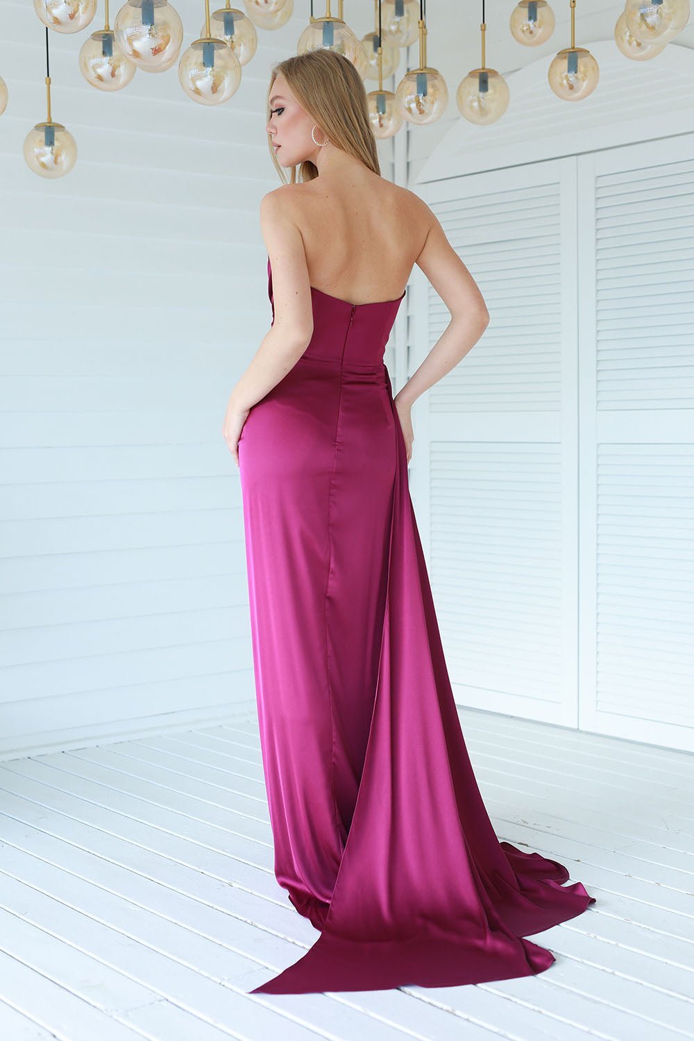 Fashionable Satin Maxi Strapless Wedding Guest or Prom Dress