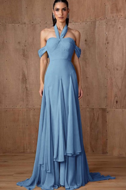 Halter Off the Shoulder Sleeveless Long Formal Dress With Ruffles