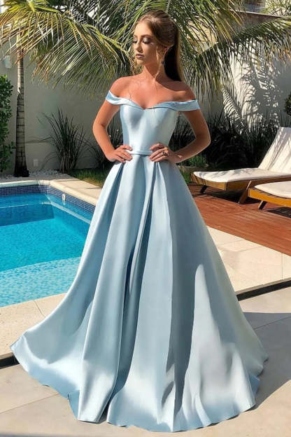 Long Blue Prom Dress with Off-the-Shoulder A-Line