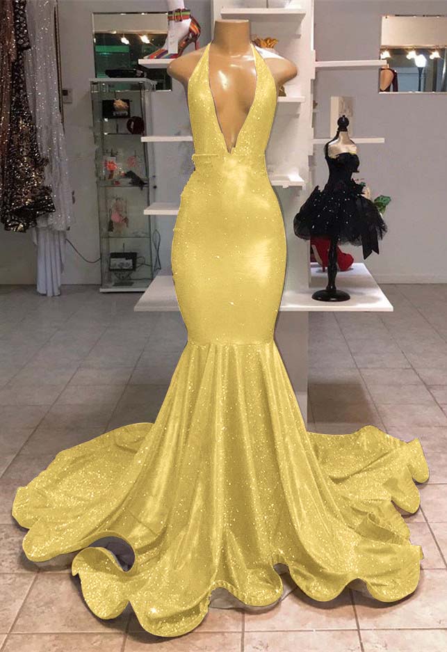 Halter V-Neck Mermaid Evening Dress With Sequins