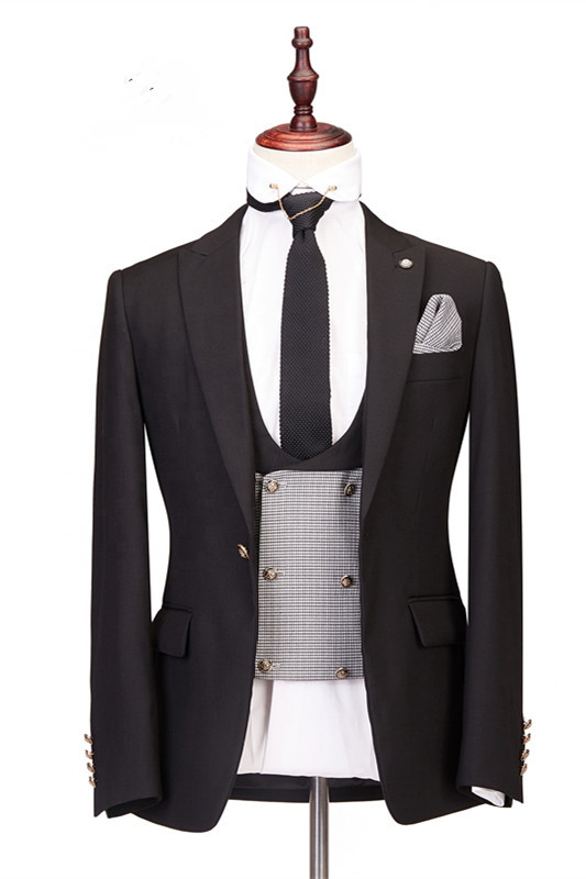 Gentle Best-Fitted Three-Piece Black Peaked Lapel Men's Suits for Wedding