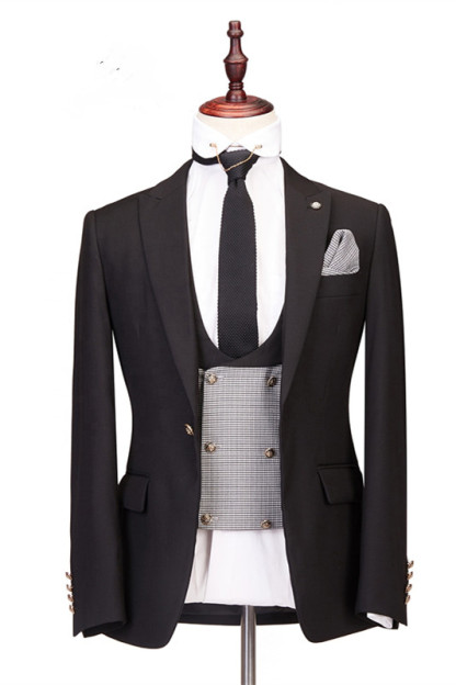 Gentle Best-Fitted Three-Piece Black Peaked Lapel Men's Suits for Wedding