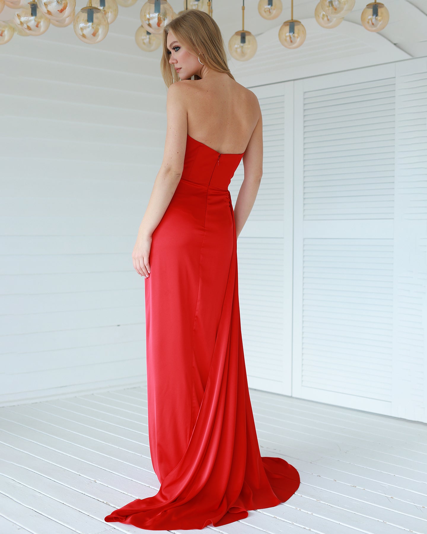 Fashionable Satin Maxi Strapless Wedding Guest or Prom Dress