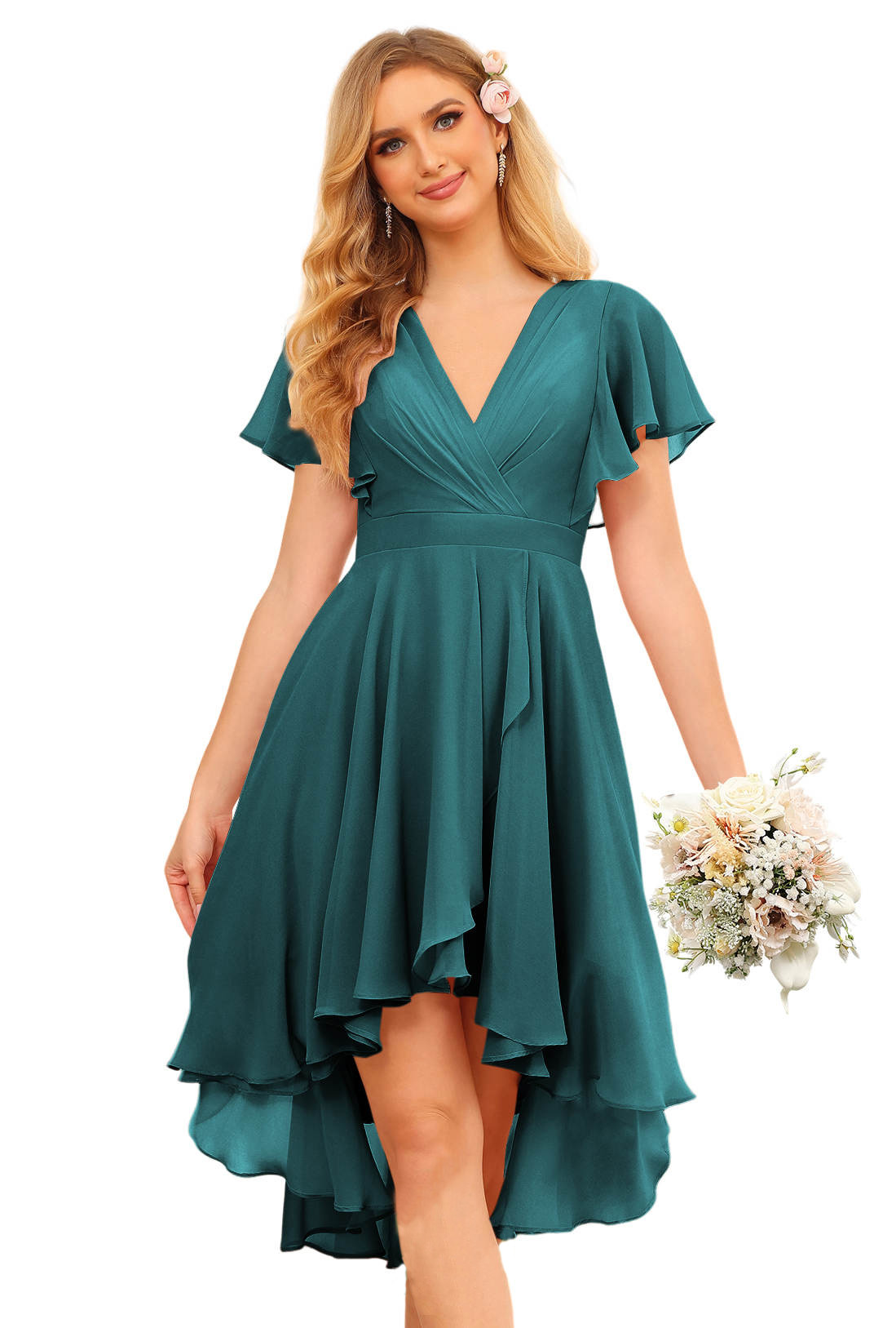 Peacock Chiffon V-Neck Short Dress