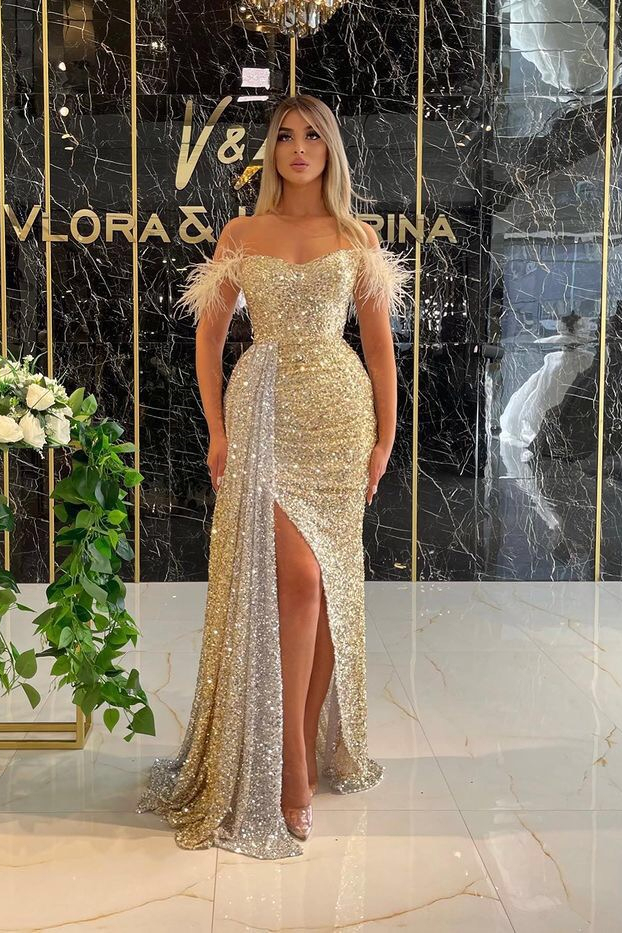 Sequins Off the Shoulder Strapless Mermaid Formal Dress Split With Ruffles