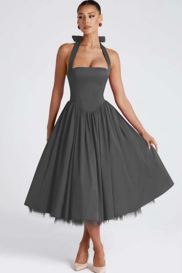Halter Sleeveless Long A Line Formal Dress With Pleated Tulle