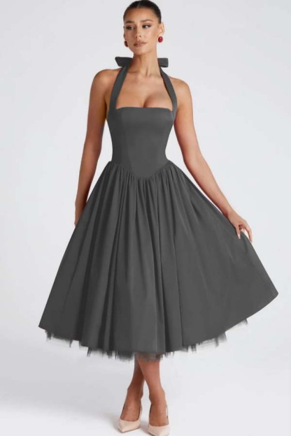 Halter Sleeveless Long A Line Formal Dress With Pleated Tulle
