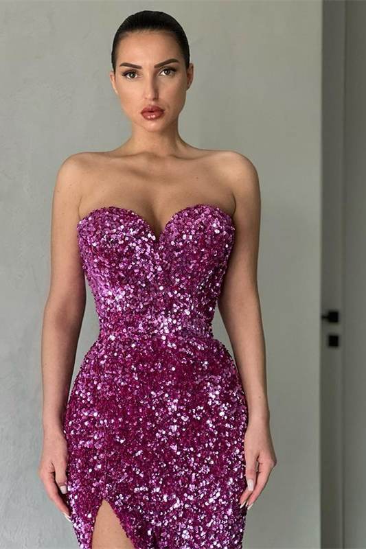 Purple Sweetheart Mermaid Sequins Evening Dress With Split