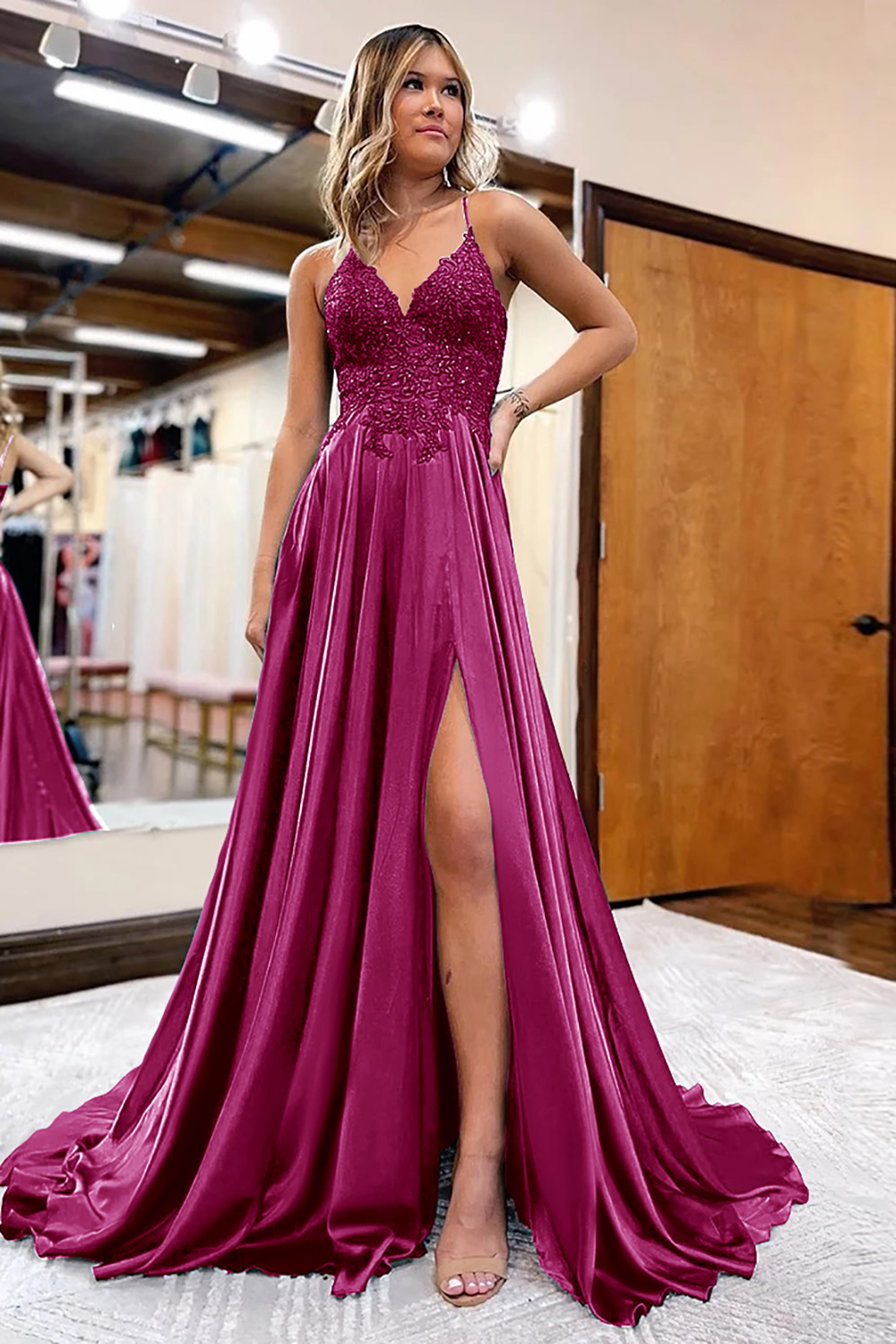 Prom Dress in Dark Green Satin with A-Line Silhouette and Appliques Featuring a Slit