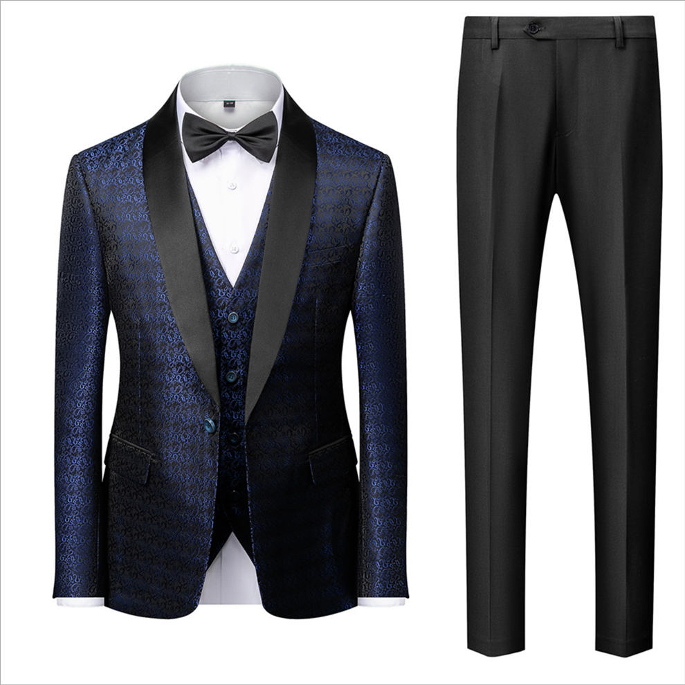Gentle Dark Navy Blue Floral Jacquard Wedding Suit with One Button