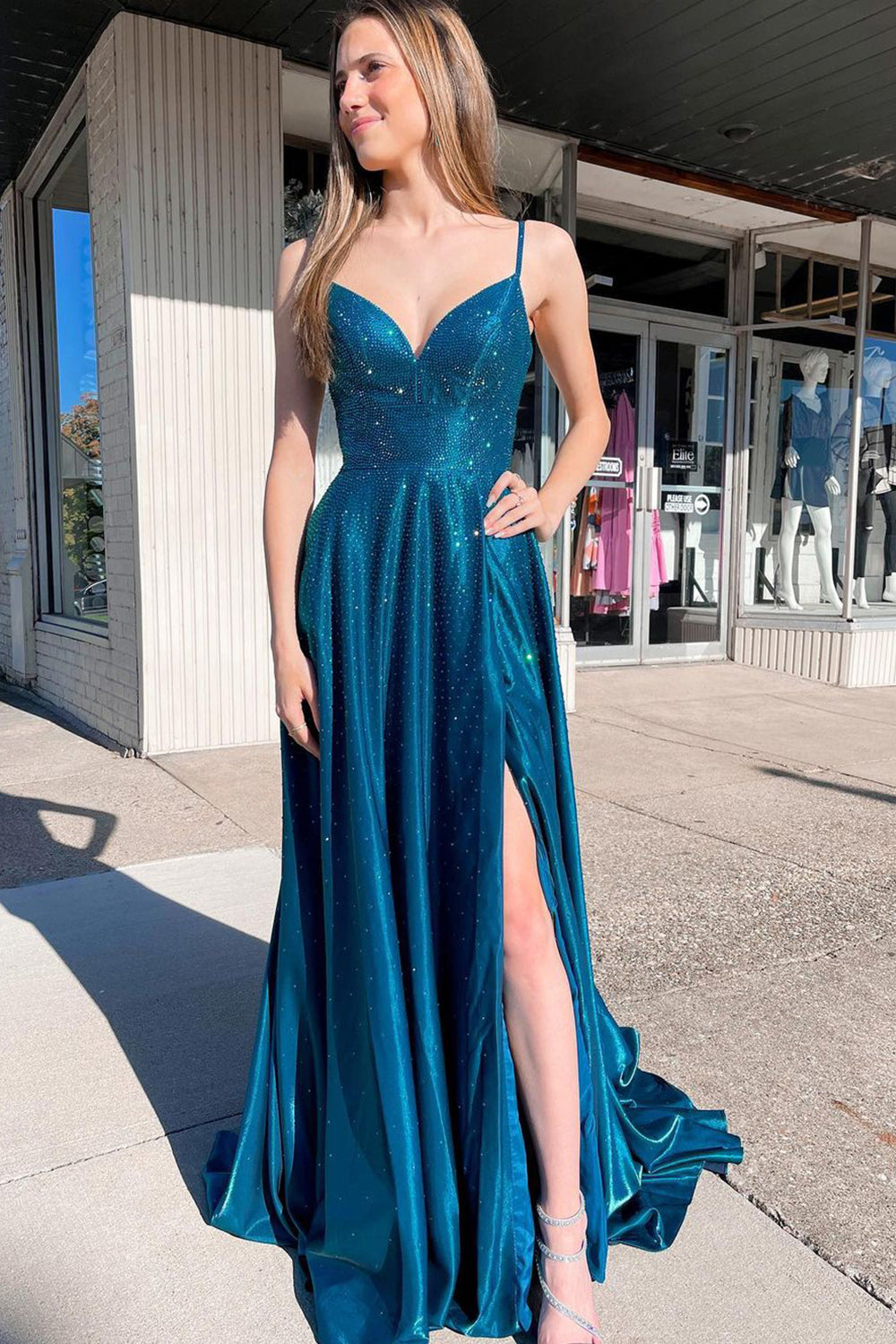 Peacock Blue Long Prom Dress with Spaghetti Straps and Front Split in A-Line Style