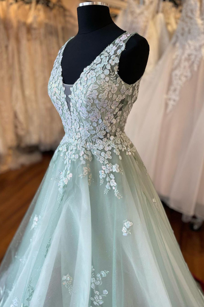Elegant Light Green A-Line Prom Dress with Deep V-Neck and Appliques
