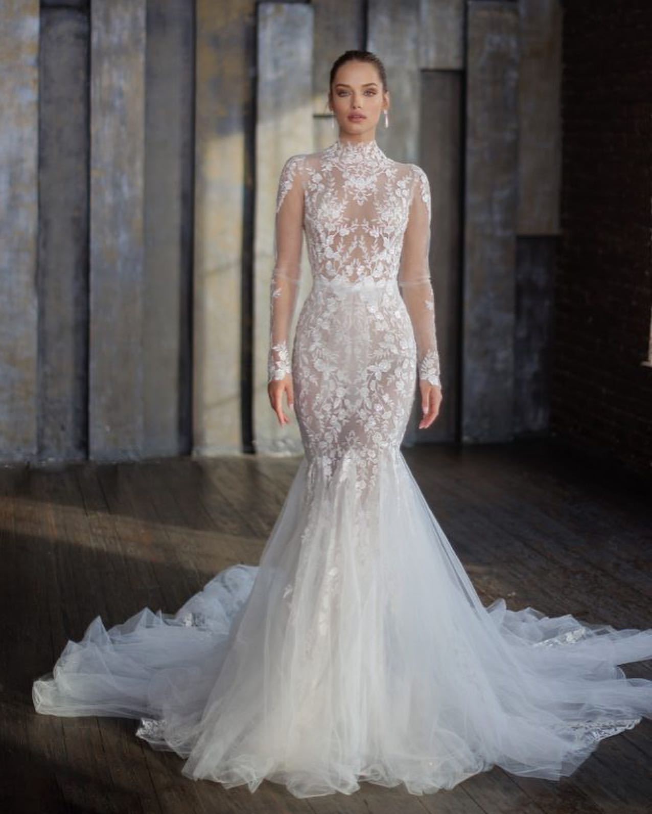 Stylish High Neck Long Sleeves Long Mermaid Wedding Dresses with Lace Tulle