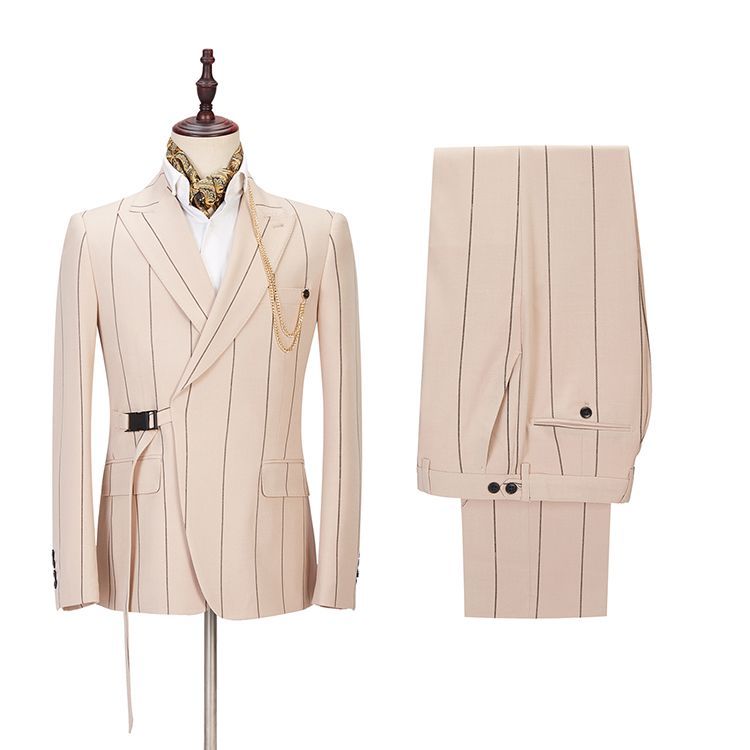 Modern Light Champagne Bespoke Reception Suit Peaked Lapel with Striped