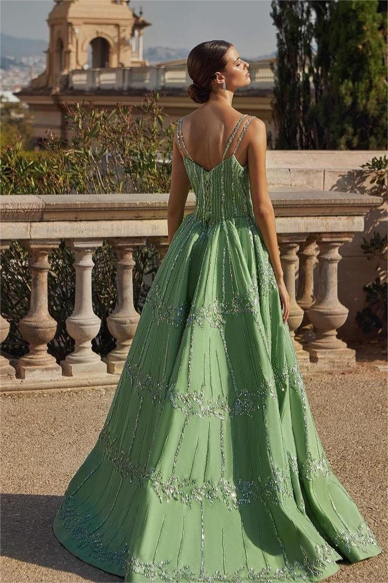 Green Spaghetti Strap Sweetheart Sleeveless Formal Dress With Bead Embroidery