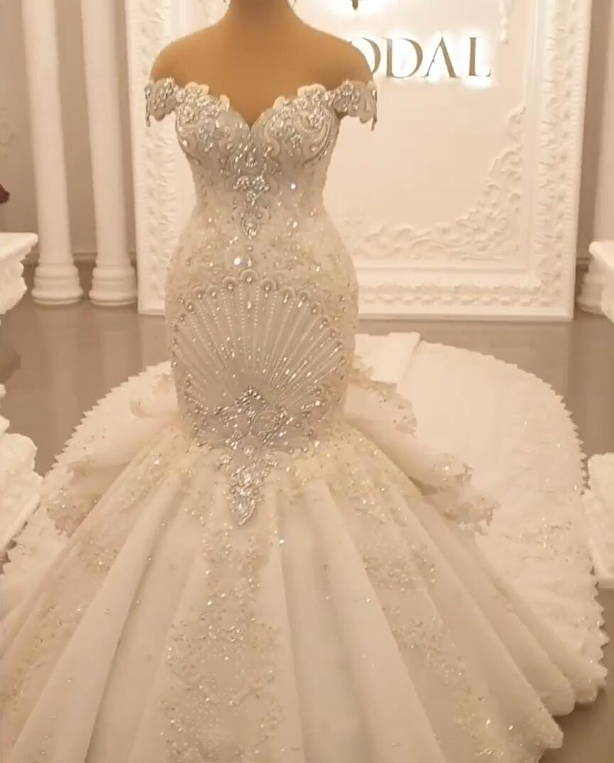 Gorgeous Floor-Length Backless Mermaid Off-The-Shoulder Wedding Dress with Crystal