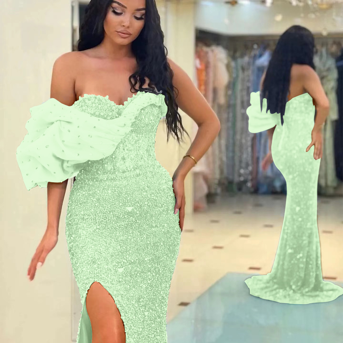 Gorgeous One Shoulder Mermaid Split Evening Dress With Sequins Sweetheart Off-The-Shoulder