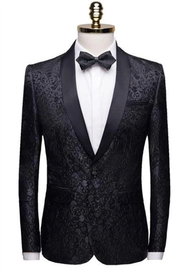 Unique Slim Fit Two-Piece Black Jacquard Shawl Lapel Men's Suits Wedding Groom Tuxedos