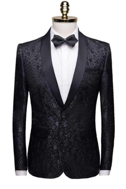 Unique Slim Fit Two-Piece Black Jacquard Shawl Lapel Men's Suits Wedding Groom Tuxedos