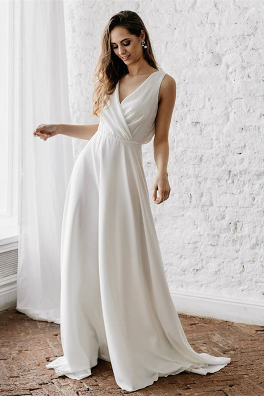 Sleeveless V-Neck Long Wedding Dress