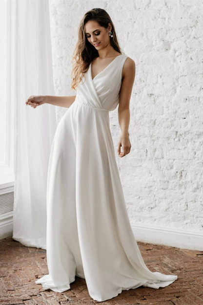 Sleeveless V-Neck Long Wedding Dress