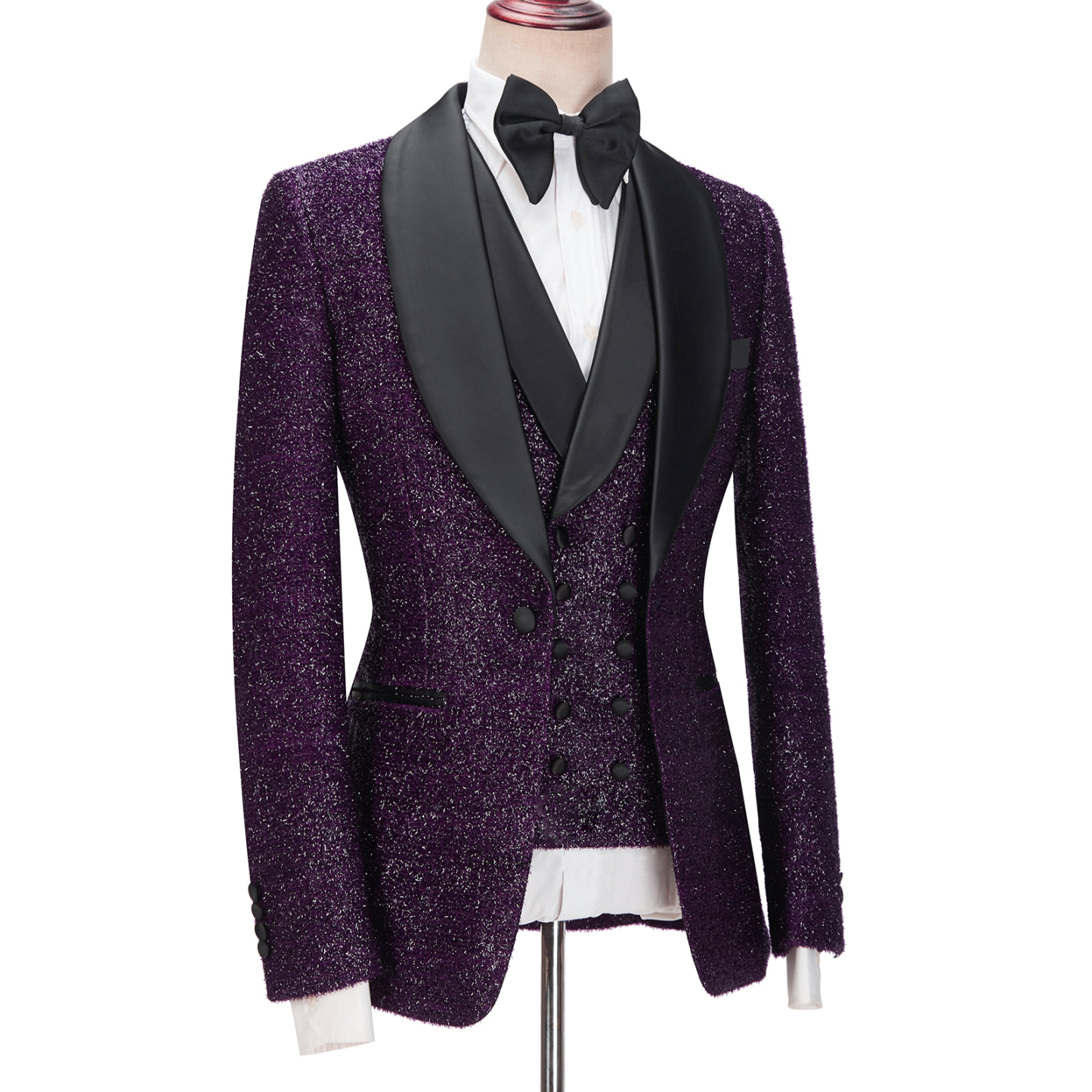 Dark Purple Caleb Bespoke Sparkle Shawl Lapel Three-Piece Men's Suits