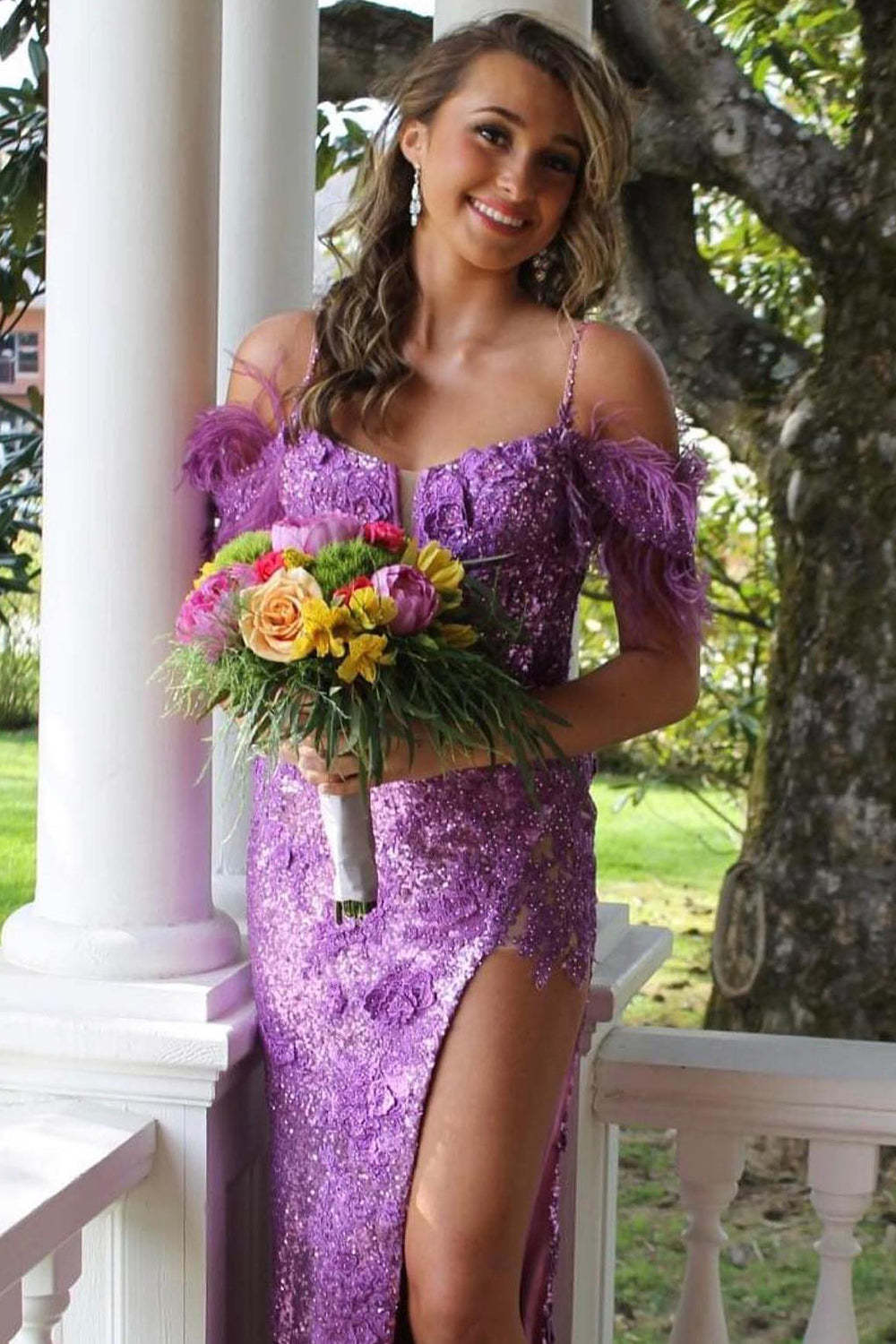 Blue Sequined Long Prom Dress with Feathers and Off-the-Shoulder Sheath