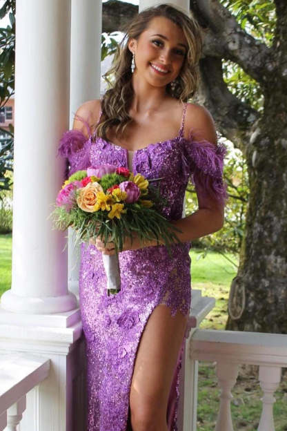 Blue Sequined Long Prom Dress with Feathers and Off-the-Shoulder Sheath