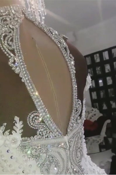 High Collar Off-the-Shoulder Beads Mermaid Wedding Dress with Lace Appliques