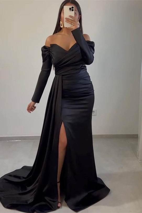 Off-The-Shoulder Sweetheart Mermaid Long Sleeves Front Split Evening Dress With Ruffle