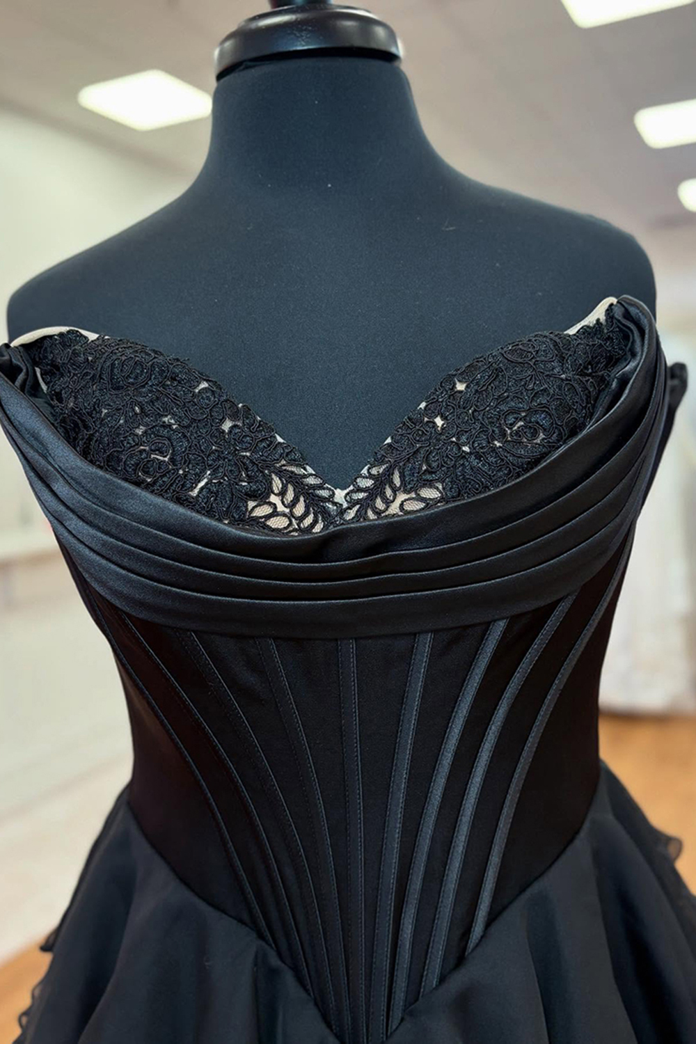 Black A-Line Long Chiffon Corset Prom Dress with Tiered Slit