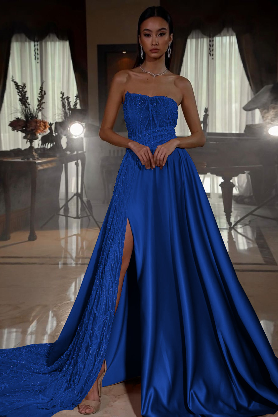 Pink Strapless A Line Sleeveless Sequins Long Formal Dress With Front Split