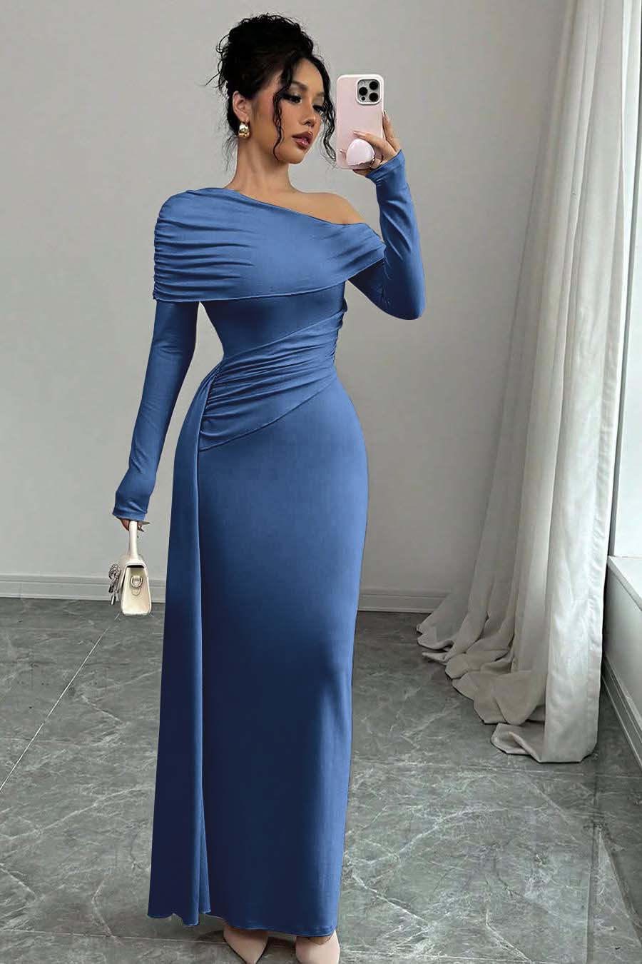 Off the Shoulder Long Sleeves Long Mermaid Formal Dress With Ruffles