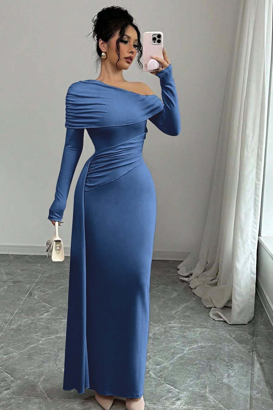 Off the Shoulder Long Sleeves Long Mermaid Formal Dress With Ruffles