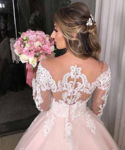Princess Off-the-Shoulder Tulle Long Sleeves Floral Wedding Dress with Lace Appliques