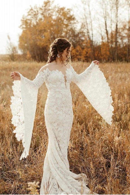 Glamorous Mermaid Long Sleeves Floor-Length Wedding Dresses with Lace