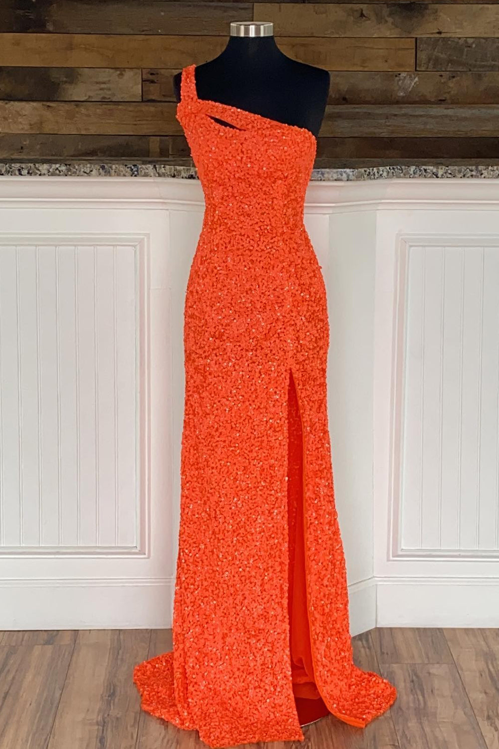 Long Red Prom Dress with One Shoulder and Sequins