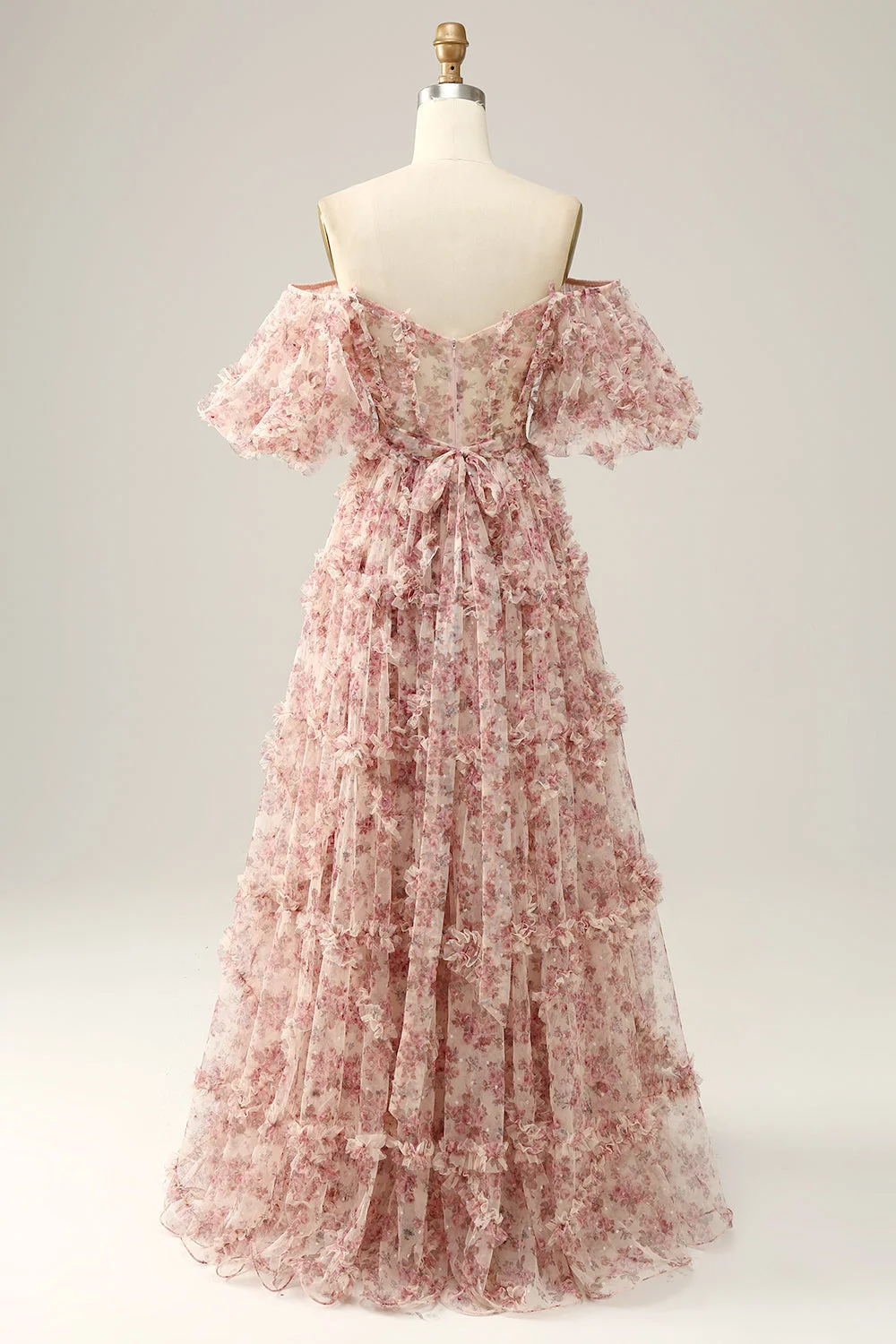 Elegant Pink Floral Printed Off-the-Shoulder Corset Prom Dress with Sweep Train