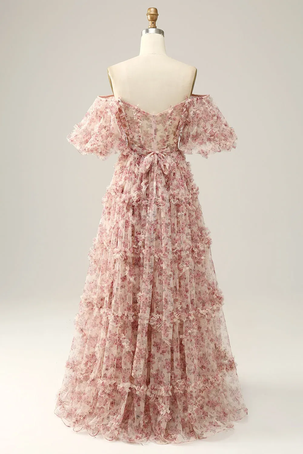 Elegant Pink Floral Printed Off-the-Shoulder Corset Prom Dress with Sweep Train