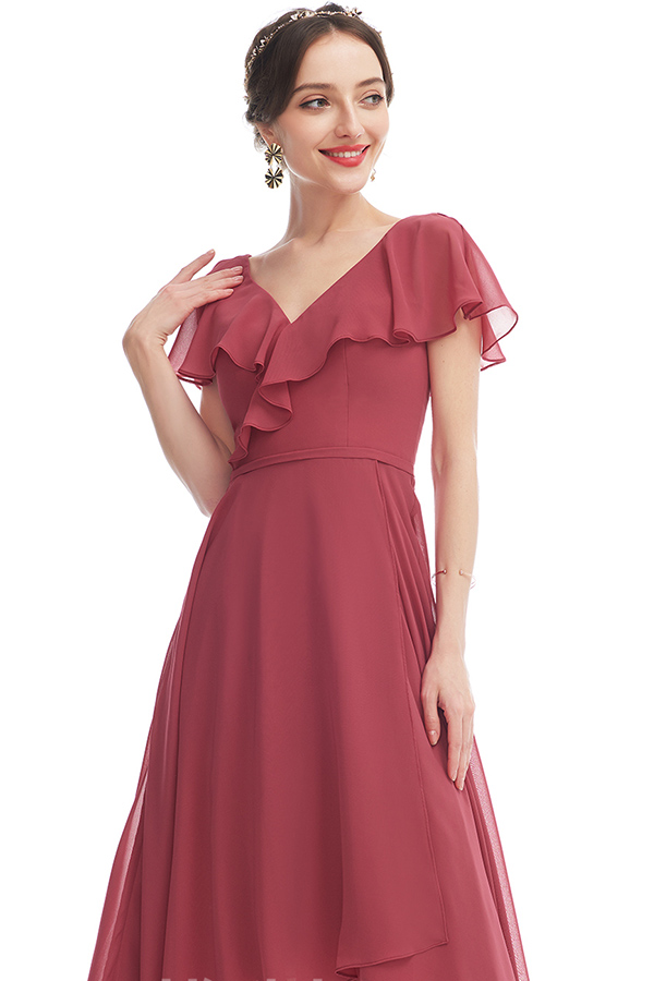 V-Neck Short Sleeve Ruffles Bridesmaid Dress