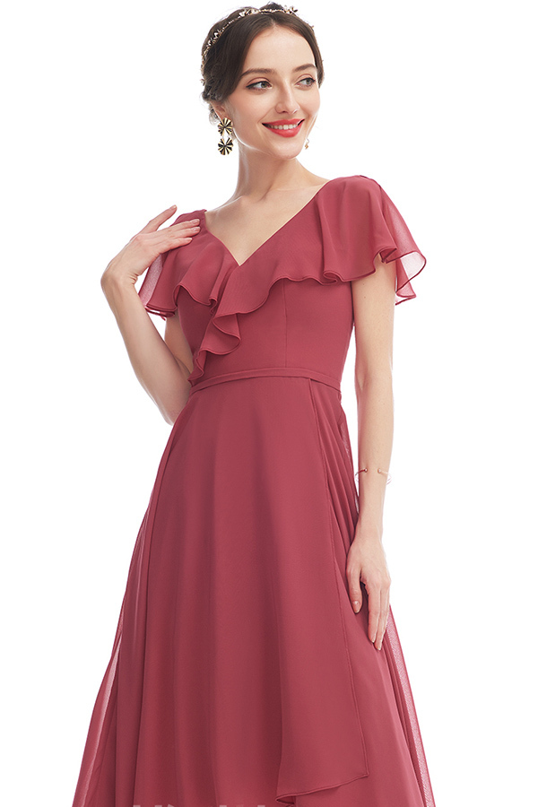 V-Neck Short Sleeve Ruffles Bridesmaid Dress