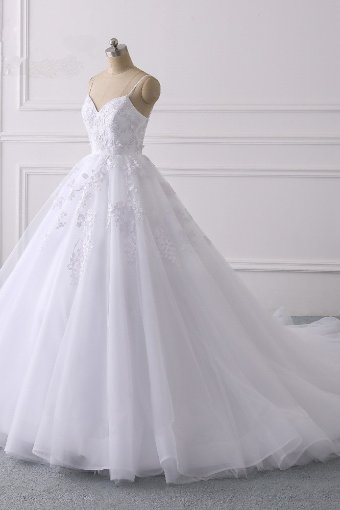 Vintage Spaghetti-Straps Tulle V-Neck Wedding Dress with Appliques Lace