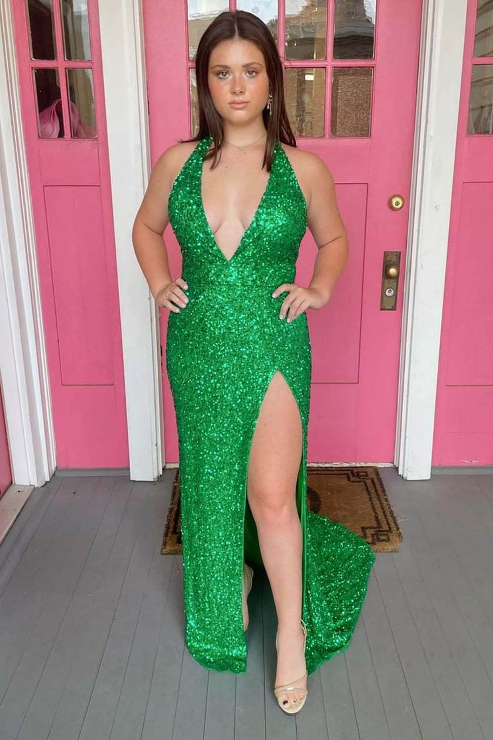 Long Green Sequined Prom Dress with Deep V Neck and Front Split