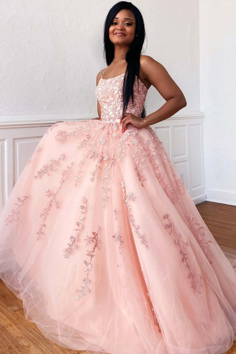 Prom Dress with Champagne Spaghetti Straps for Princess