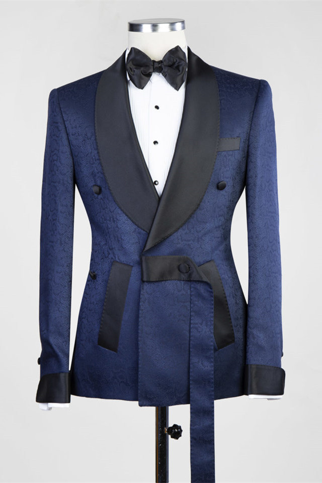 Formal Dark Blue Shawl Lapel Jacquard Wedding Men's Suits