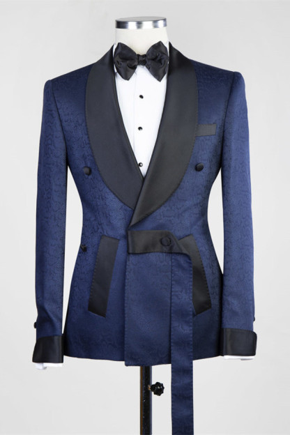 Formal Dark Blue Shawl Lapel Jacquard Wedding Men's Suits