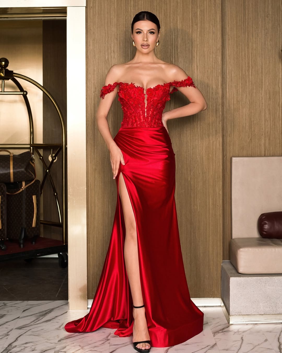 Stunning Red Satin Strapless Off-The-Shoulder Applique Pleated Prom Dress With Split
